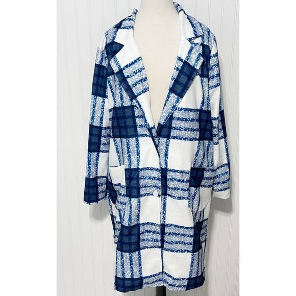 Check Plaid Lightweight Coat Jacket Button Front Pockets White Blue Women's XL - Picture 14 of 14